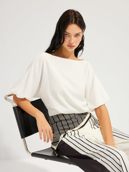 Linen-Blend Boat Neck Puff Sleeve Crop Top