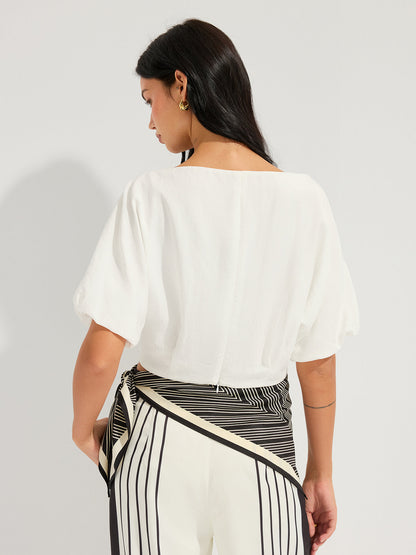 Linen-Blend Boat Neck Puff Sleeve Crop Top