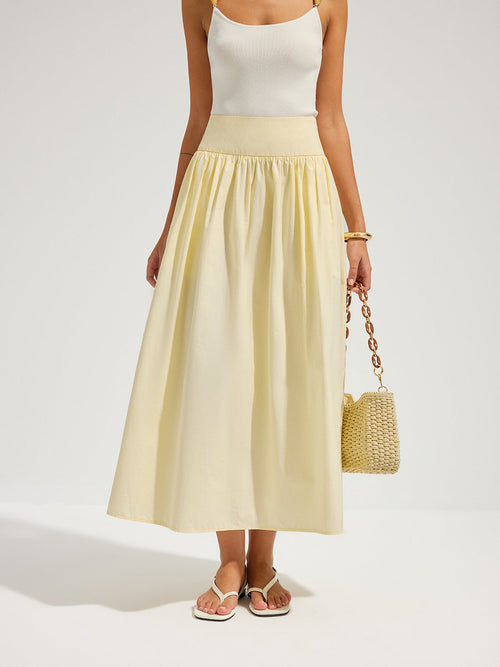Cotton High Waist Gathered Midi Skirt