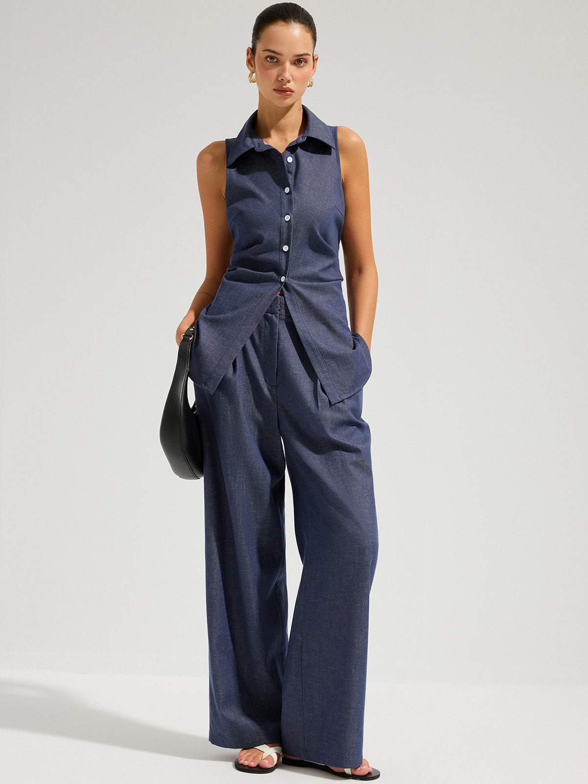 Denim Sleeveless Tie-Back Shirt & Pants Set
