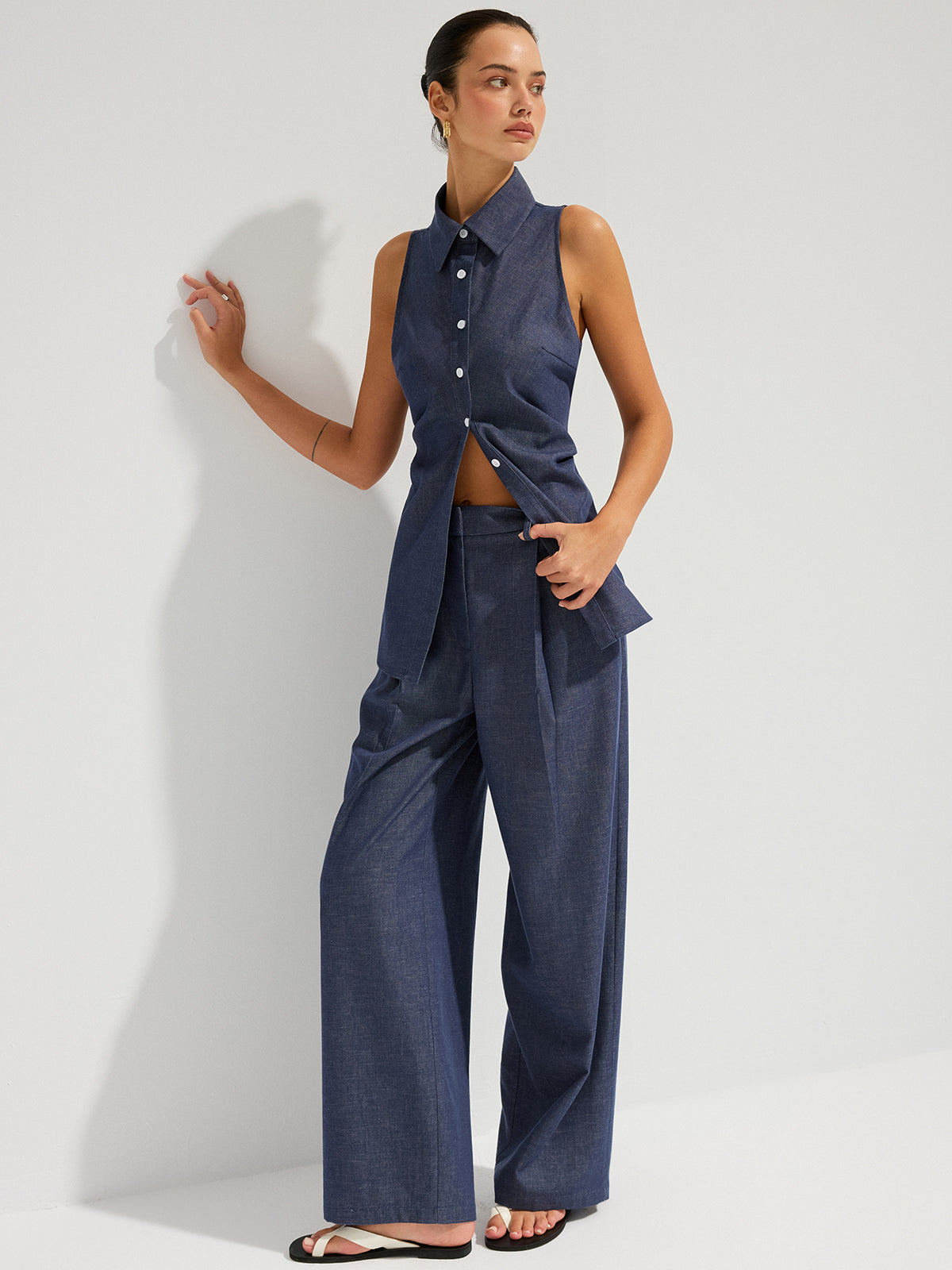 Denim Sleeveless Tie-Back Shirt & Pants Set
