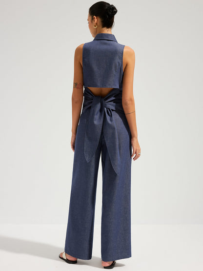 Denim Sleeveless Tie-Back Shirt & Pants Set