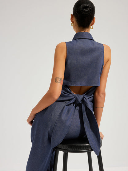 Denim Sleeveless Tie-Back Shirt & Pants Set