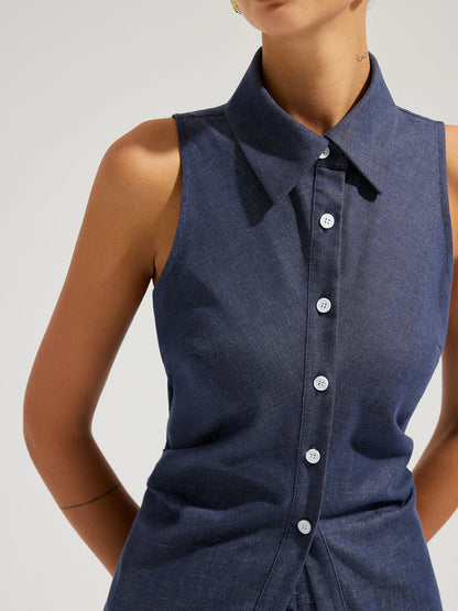 Denim Sleeveless Tie-Back Shirt & Pants Set