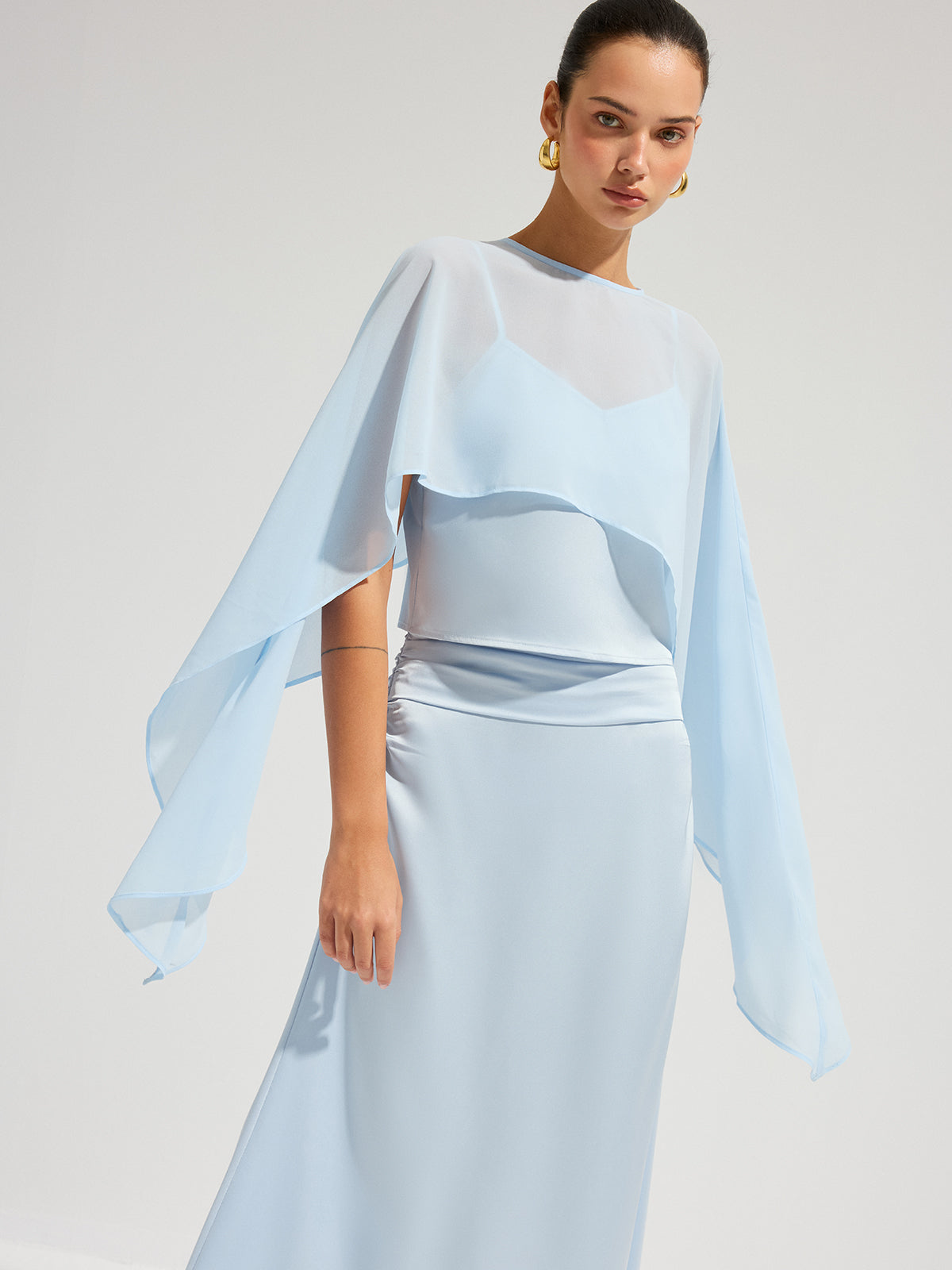Sheer Cape Top & Satin Maxi Skirt Set