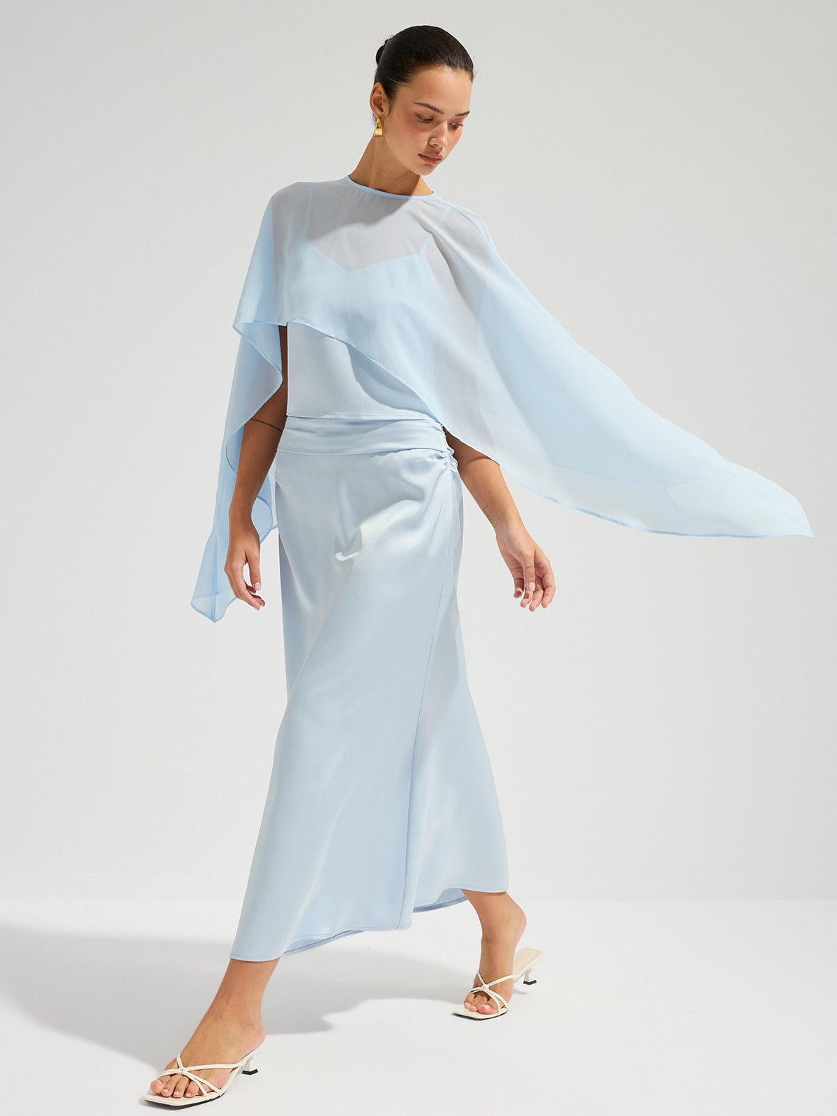 Sheer Cape Top & Satin Maxi Skirt Set