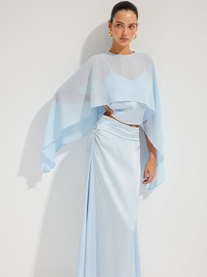 Sheer Cape Top & Satin Maxi Skirt Set