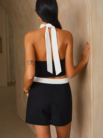 Contrast Trim Halter Crop Top & Shorts Set