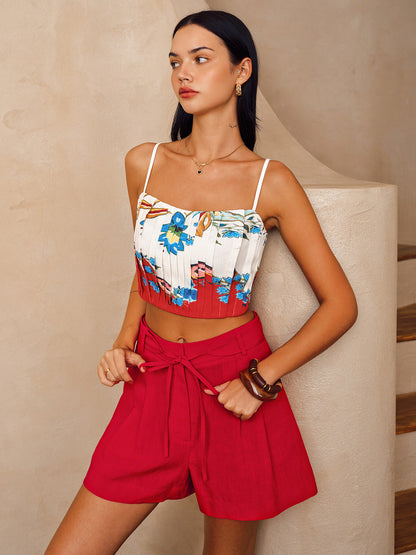 Floral Print Pleated Cami Top & Belted Shorts Set