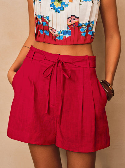 Floral Print Pleated Cami Top & Belted Shorts Set