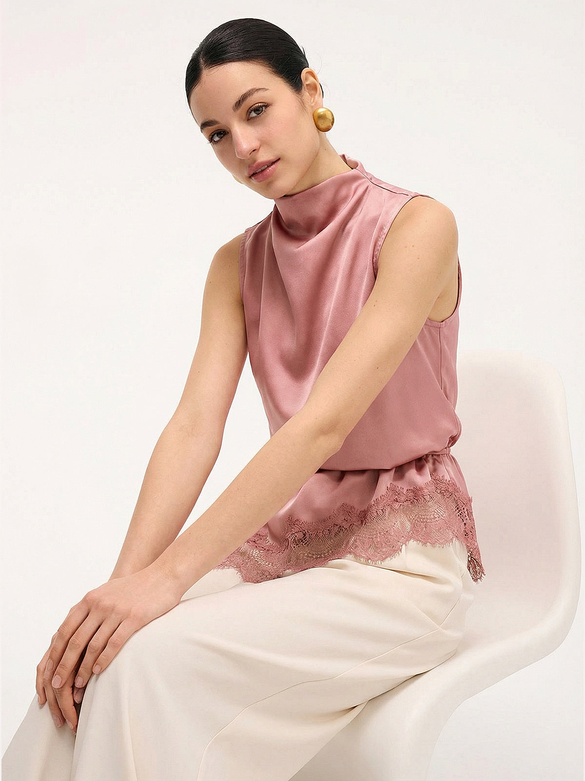 Lace Trim Satin Sleeveless Blouse