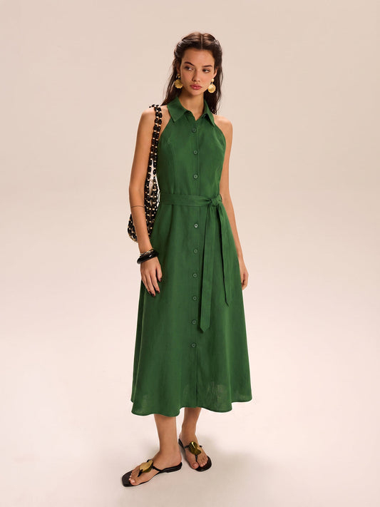 Belted Cotton Linen Halter Shirt Maxi Dress