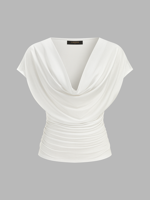 Cowl Neck Ruched Short Sleeve Top