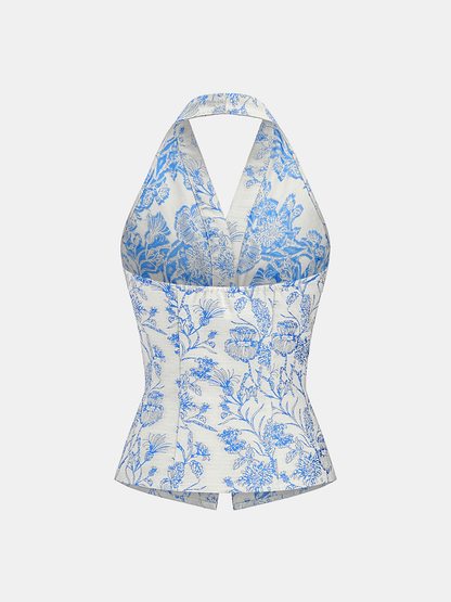 Floral Print Embellished Ruched Halter Top