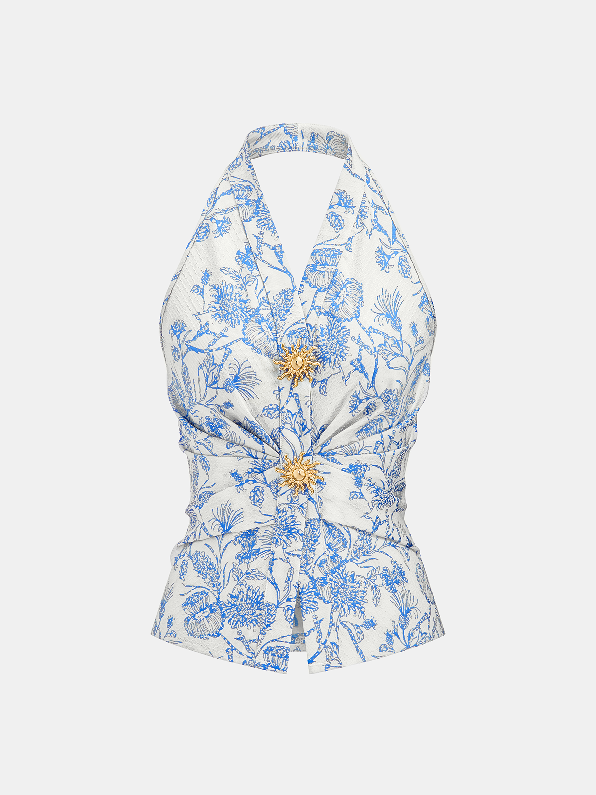 Floral Print Embellished Ruched Halter Top