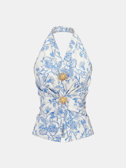Floral Print Embellished Ruched Halter Top