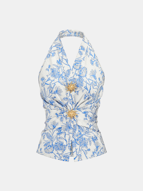 Floral Print Embellished Ruched Halter Top
