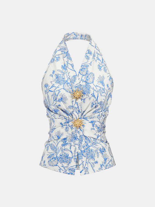 Floral Print Embellished Ruched Halter Top