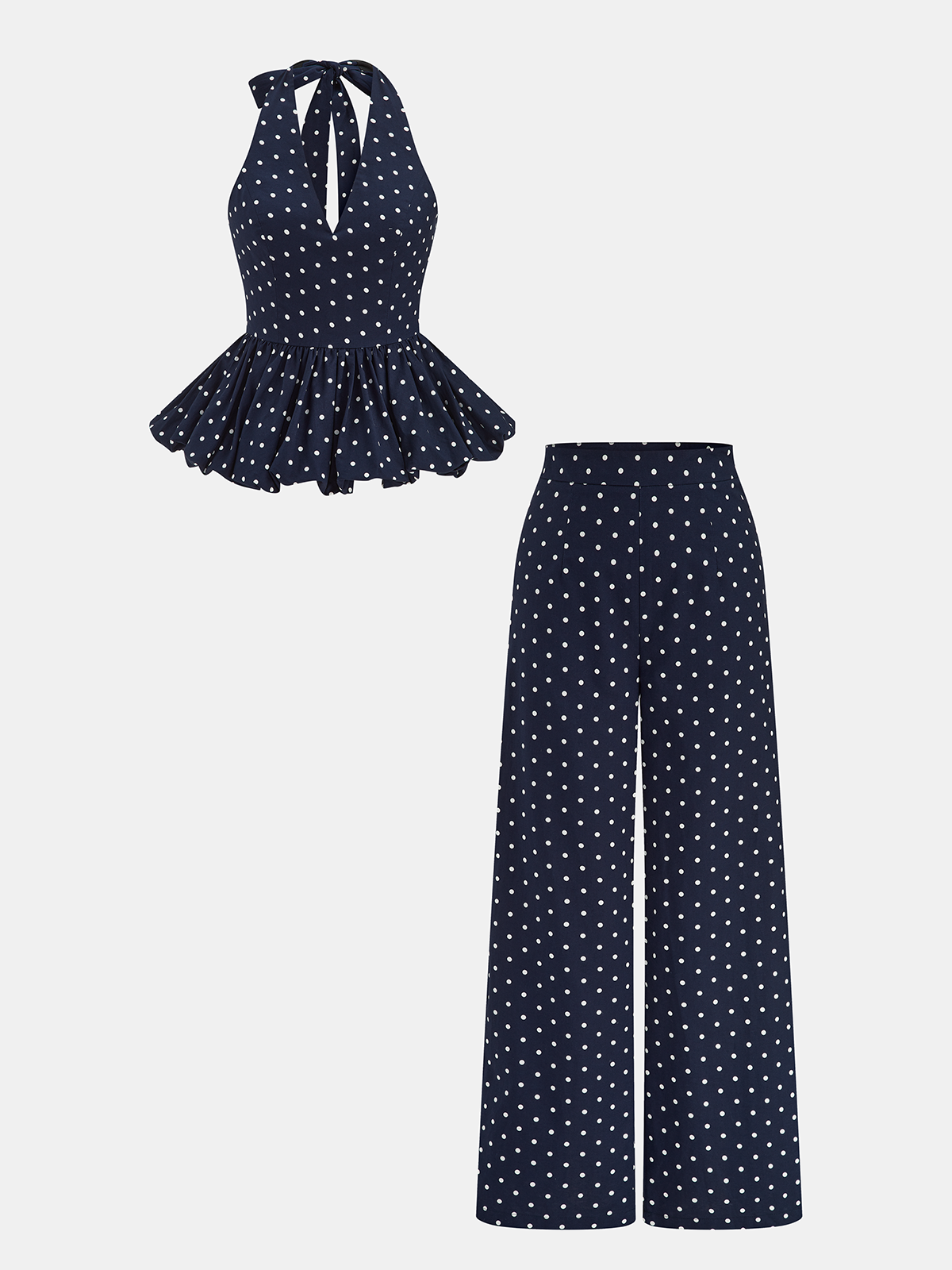 Linen Blend Polka Dot Peplum Top & Pants Set