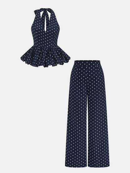 Linen Blend Polka Dot Peplum Top & Pants Set