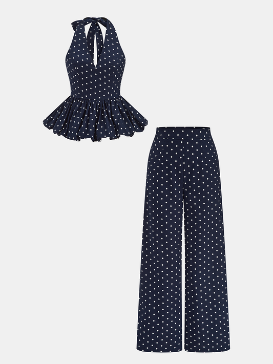 Linen Blend Polka Dot Peplum Top & Pants Set