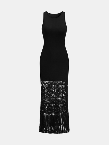 Side Slit Crochet Hem Sleeveless Knit Maxi Dress