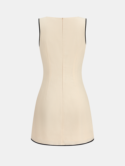 Linen Blend Contrast Piping Sleeveless Mini Dress