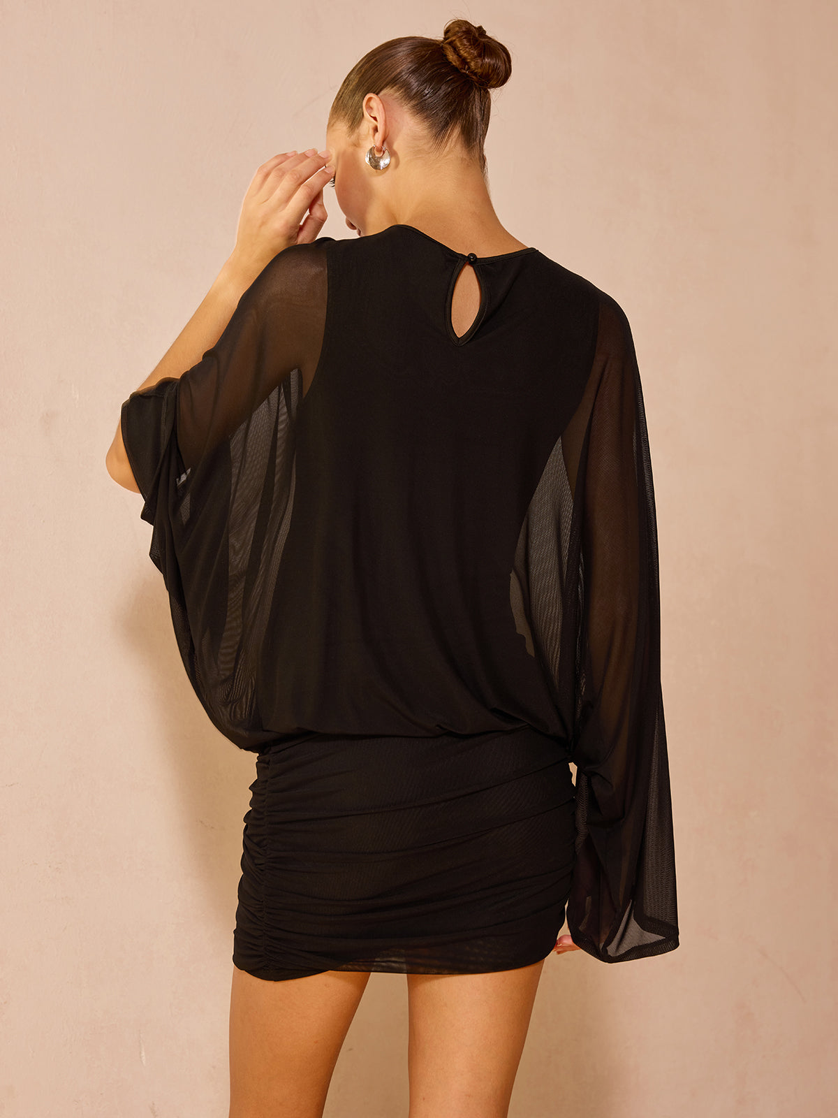Mesh Long Sleeve Ruched Mini Dress