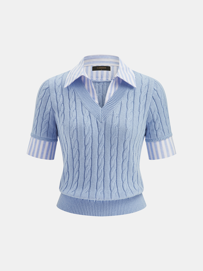 Cable Knit Striped Collar Short Sleeve Top