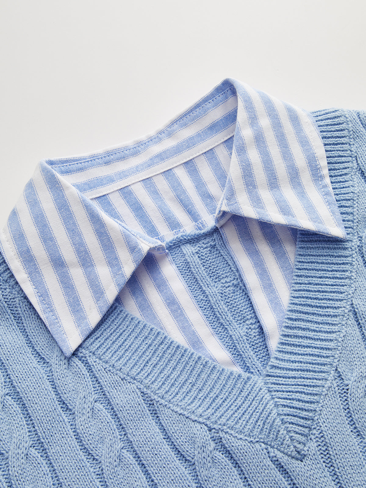 Cable Knit Striped Collar Short Sleeve Top