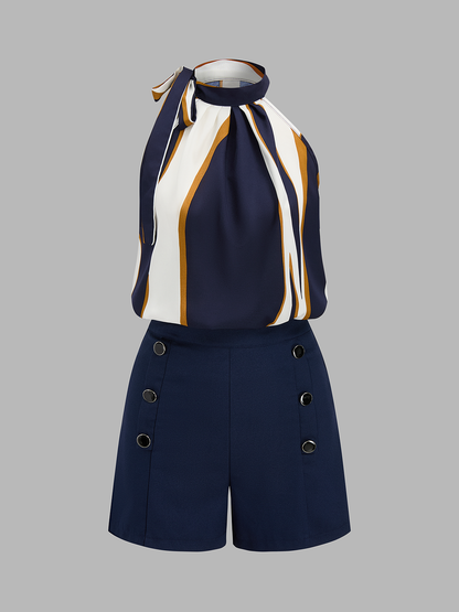 Striped Tie-Neck Top & Button Detail Shorts Set