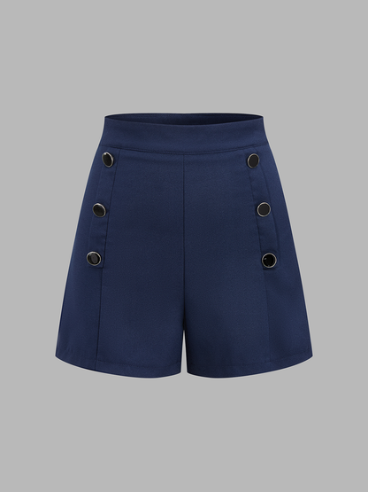 Striped Tie-Neck Top & Button Detail Shorts Set