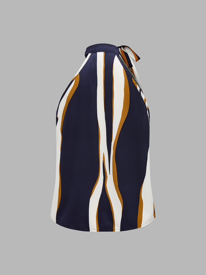 Striped Tie-Neck Top & Button Detail Shorts Set
