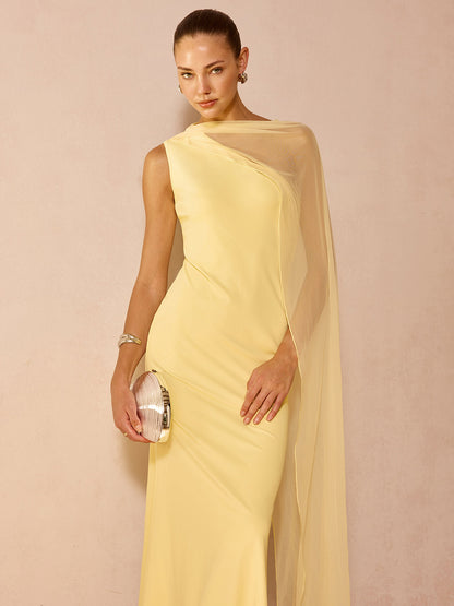 Sheer Drape Slim Maxi Evening Dress