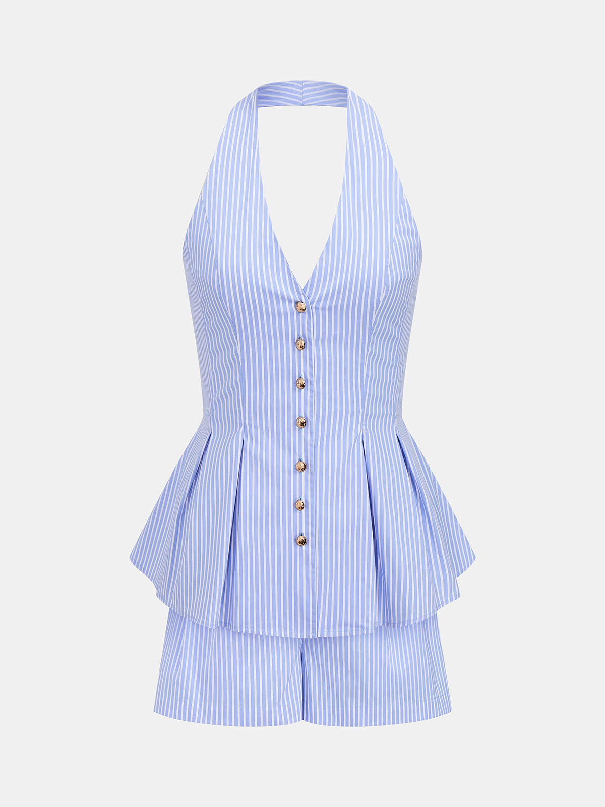 Cotton Striped Halter Peplum Top & Shorts Set