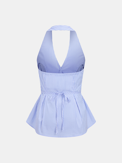 Cotton Striped Halter Peplum Top & Shorts Set