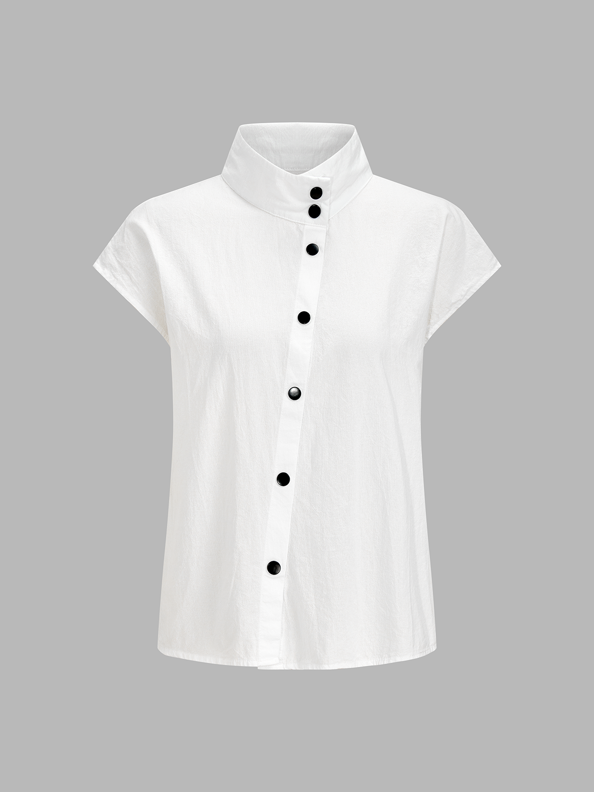 Cotton Blend Stand Collar Cap Sleeve Blouse