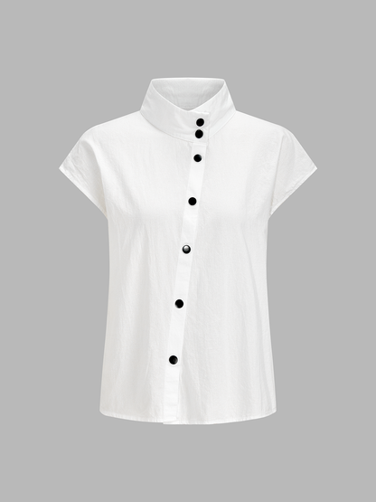 Cotton Blend Stand Collar Cap Sleeve Blouse