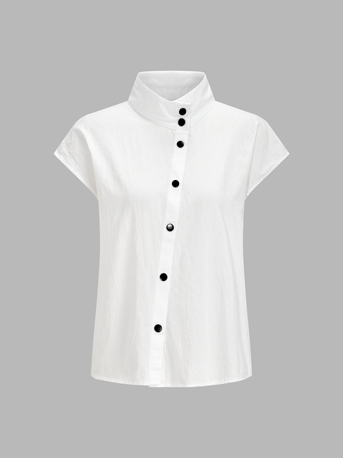 Cotton Blend Stand Collar Cap Sleeve Blouse