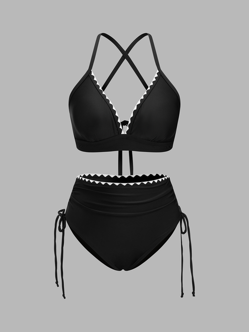 Contrast Scallop Trim Halter Two Piece Bikini