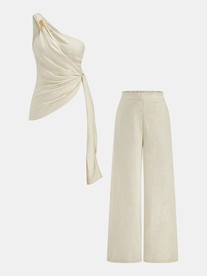 Linen Blend One Shoulder Top & Pants Set