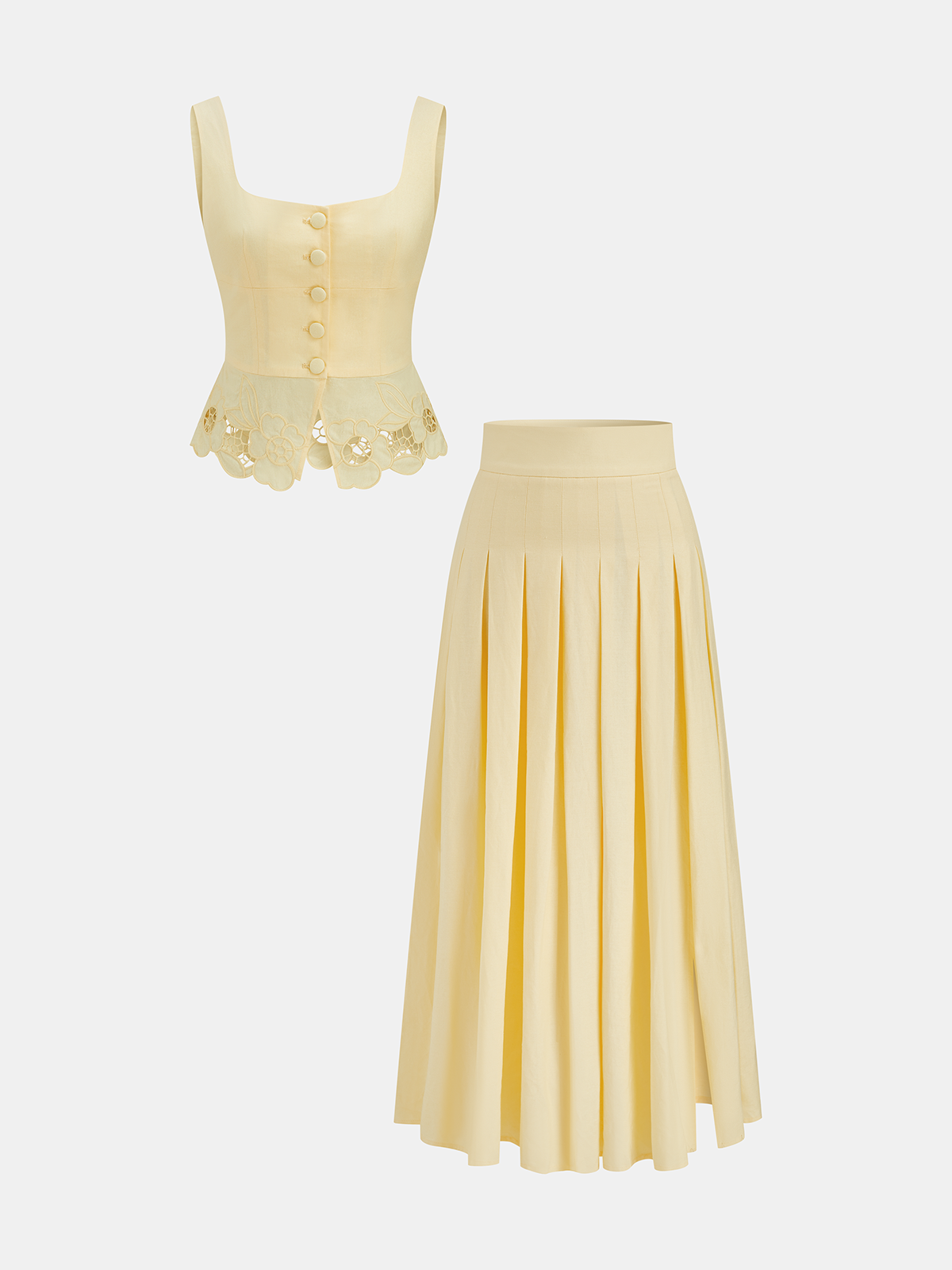Linen Blend Embroidered Top & Pleated Skirt Set
