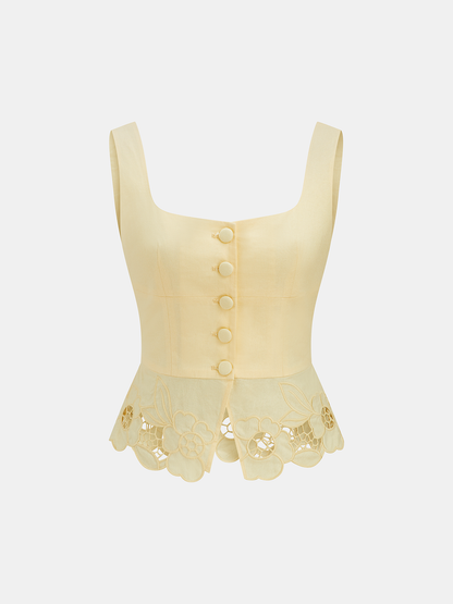 Linen Blend Embroidered Top & Pleated Skirt Set