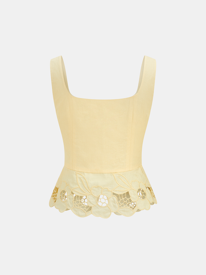Linen Blend Embroidered Top & Pleated Skirt Set