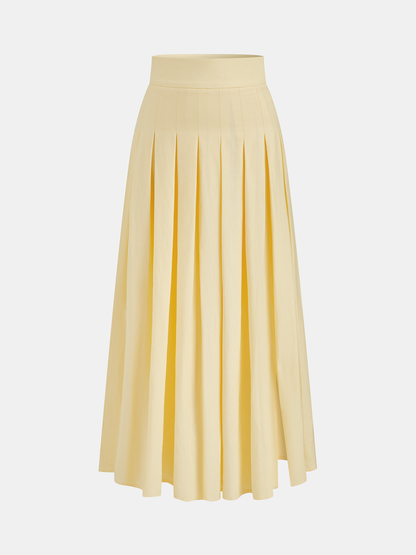 Linen Blend Embroidered Top & Pleated Skirt Set