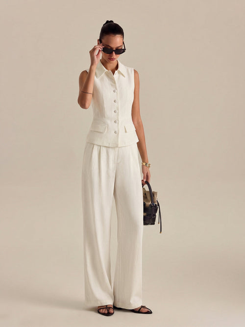 Collared Cotton Linen Vest & Pants Set