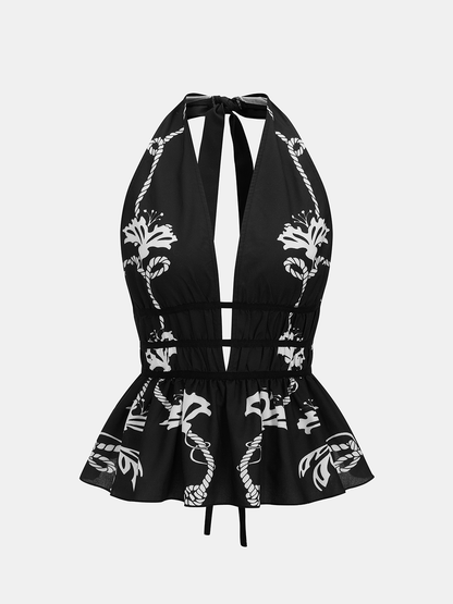 Floral Print Halter Neck Peplum Top