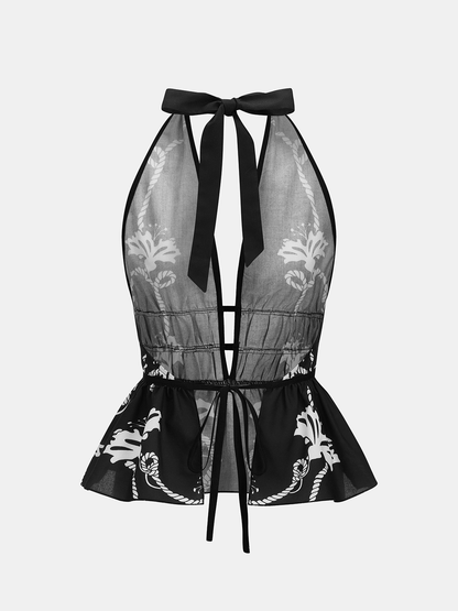 Floral Print Halter Neck Peplum Top