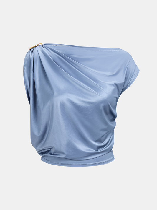 Draped Off-Shoulder Metal Buckle Crop Top