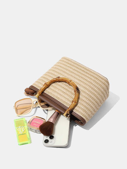 Bamboo Handle Straw Crossbody Handbag